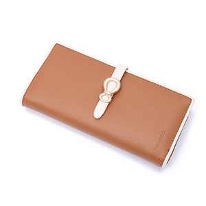Long brown leather wallet for women with white trim and gold bow buckle closure