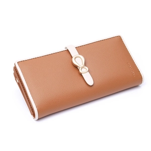 Brown long women's PU leather wallet with gold bow clasp and pebbled texture