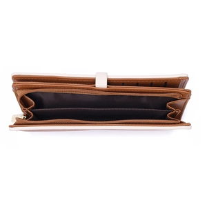 Long brown and white leather wallet featuring multiple card slots and a golden zipper