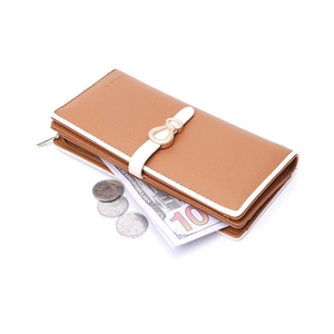 Brown long wallet with contrast stitching and gold buckle in a 45-degree angle view