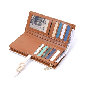 Brown long leather wallet featuring multiple card slots, zip pocket, and gold metal buckle