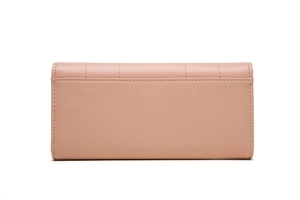 Detail of pink long wallet showing textured faux leather and vertical quilted stitching