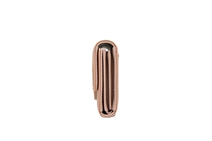 Side view of pink leather wallet showing multi-layer accordion internal compartment design