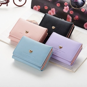 Women Trifold Short Wallet PU Leather Heart Metal Decor Kiss-Lock Coin Pocket Student Cute Card Holder