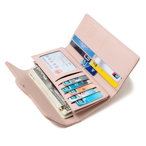 Detail view showing multi-slot card holders and zipper pocket in pink long PU wallet