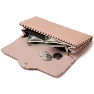 Internal layout of long faux leather wallet with multiple card slots and zipper pocket