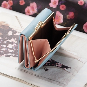 Short tri-fold wallet for women with blue pebbled leather and pink interior