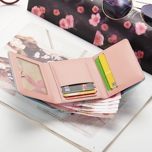 Pink faux leather tri-fold wallet for women with multi card slots and photo window