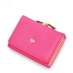 Rose pink trifold short wallet for women featuring heart shaped metal clasp closure