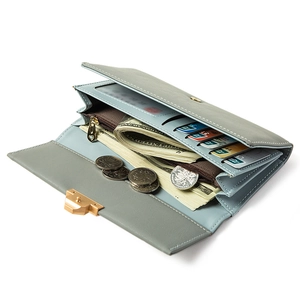 Green leather long wallet for women with multiple card slots and gold zipper pocket