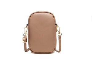 Detailed side view of light brown PU leather phone bag with gold metal hardware hooks