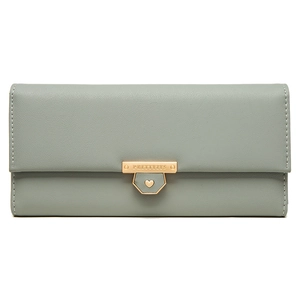 Elegant long women's wallet in grey-green leather with golden heart buckle clasp