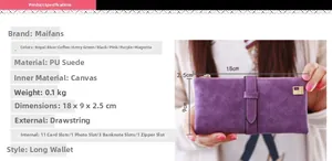 Detailed specs of purple frosted PU leather long wallet with 11 card slots and zipper