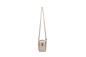 Detailed view of cream and brown crossbody phone bag with buckle and adjustable strap