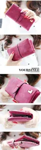 Detail view of large capacity dark rose red frosted long wallet with metal buckle strap