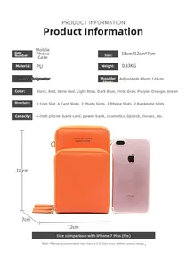 Size comparison of orange leather phone crossbody bag with an iPhone 7 Plus and specs