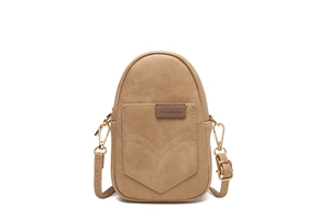 Detail of light khaki PU leather phone bag with V-shaped stitching and adjustable strap
