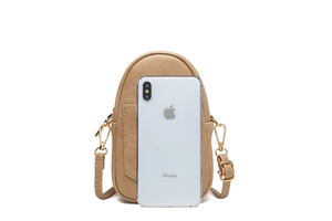 Detailed view of khaki crossbody phone bag with pebble texture and adjustable strap