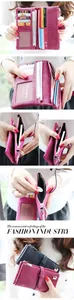 Detail view of large capacity long wallet with multiple card slots and phone pocket