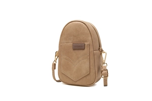 Detail view of khaki PU leather phone bag with V-stitch pocket and golden hardware