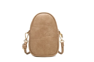 Detail of khaki PU leather phone bag showing lychee grain texture and gold metal clasp