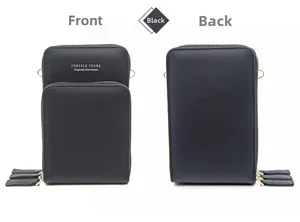 Front and back views of a black three-layer zipper crossbody mobile phone bag