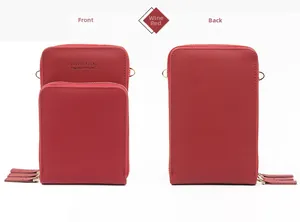 Front and back views of wine red vertical PU leather phone bag with triple zippers