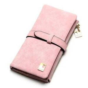 Detail of pink matte long wallet featuring zipper closure and square metal pendant