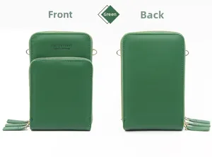 Front and back view of green pebbled PU leather mobile phone bag with three zippers
