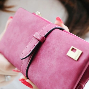 Retro frosted leather long wallet for women in rose pink with metal logo and strap