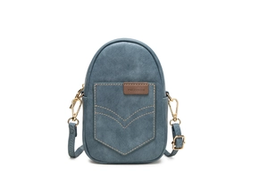 Close-up of a blue matte PU leather phone bag with stitching detail and gold hardware