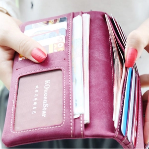 Burgundy matte leather long wallet for women featuring multiple card slots and ID window