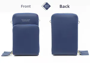 Front and back view of a navy blue PU leather crossbody phone bag with double zippers