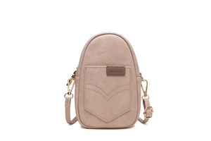 Detail of lychee pattern PU leather phone bag with V-shaped stitching and gold hardware