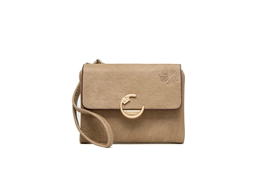 Detail of the warm brown frosted leather wallet with embossed flower and gold buckle