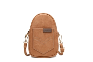 Detail of a brown PU leather crossbody phone bag featuring a V-quilted front pocket design
