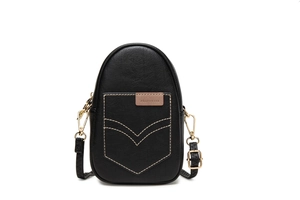 Detail of black pebbled PU leather phone bag with V-stitch pocket and gold metal hooks