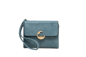Detailed view of blue matte leather texture with floral embossing and a gold C-buckle clasp
