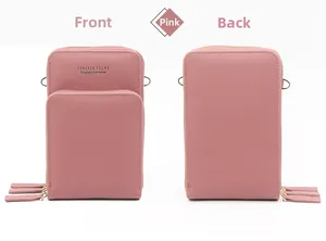 Front and back detail of pink faux leather crossbody phone bag with three zippers
