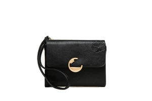 Close-up of black litchi grain faux leather wallet with gold C-shaped buckle and strap