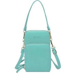 Mint green crossbody phone bag featuring three zipper layers and gold metal hardware