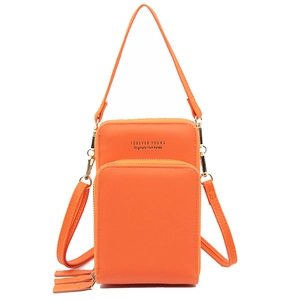 Vibrant orange three-layer zipper phone bag with cross-body strap and synthetic leather finish
