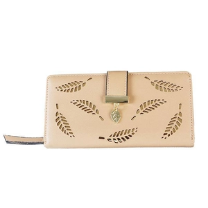 Beige faux leather long wallet for women featuring laser-cut leaf design and gold pendant