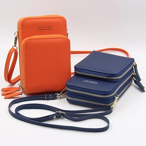 Three-layer crossbody mobile phone bag in orange and navy blue matte PU leather