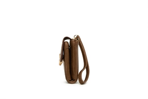 Detail of a brown leather long wallet featuring a matching wrist strap and gold buckle