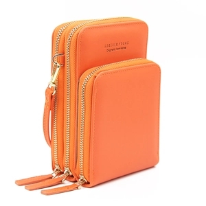Close-up of bright orange triple zipper phone bag with Forever Young printed text