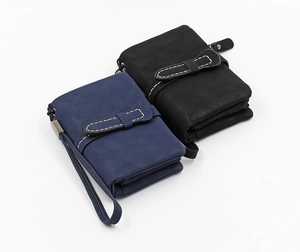 Close-up of black and dark blue faux leather wallets with elegant wrist straps