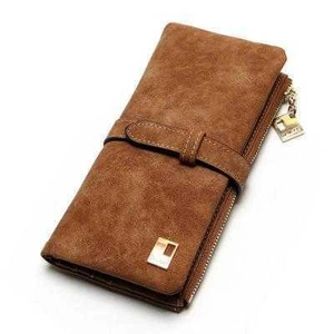 Brown long frosted leather wallet for women with retro buckle and zipper pocket