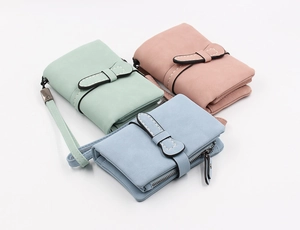 Short PU leather wallets for women in green pink and blue with bow decoration