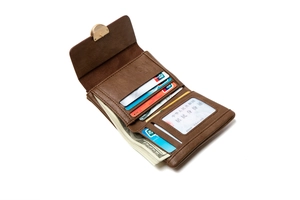Detailed interior of brown leather tri-fold wallet with card slots and cash pocket